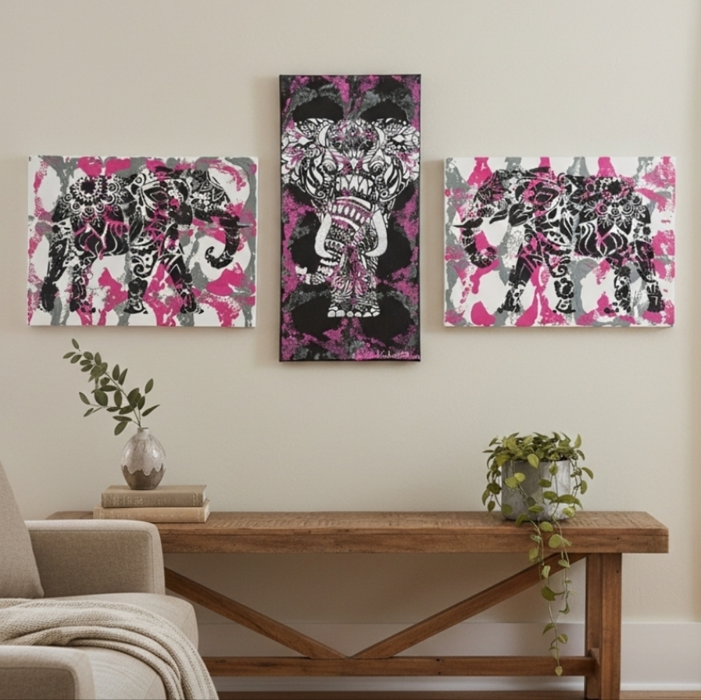 3 HANDCRAFTED Abstract Elephant Paintings HANDPAINTED Wall Art Decor HANDMADE